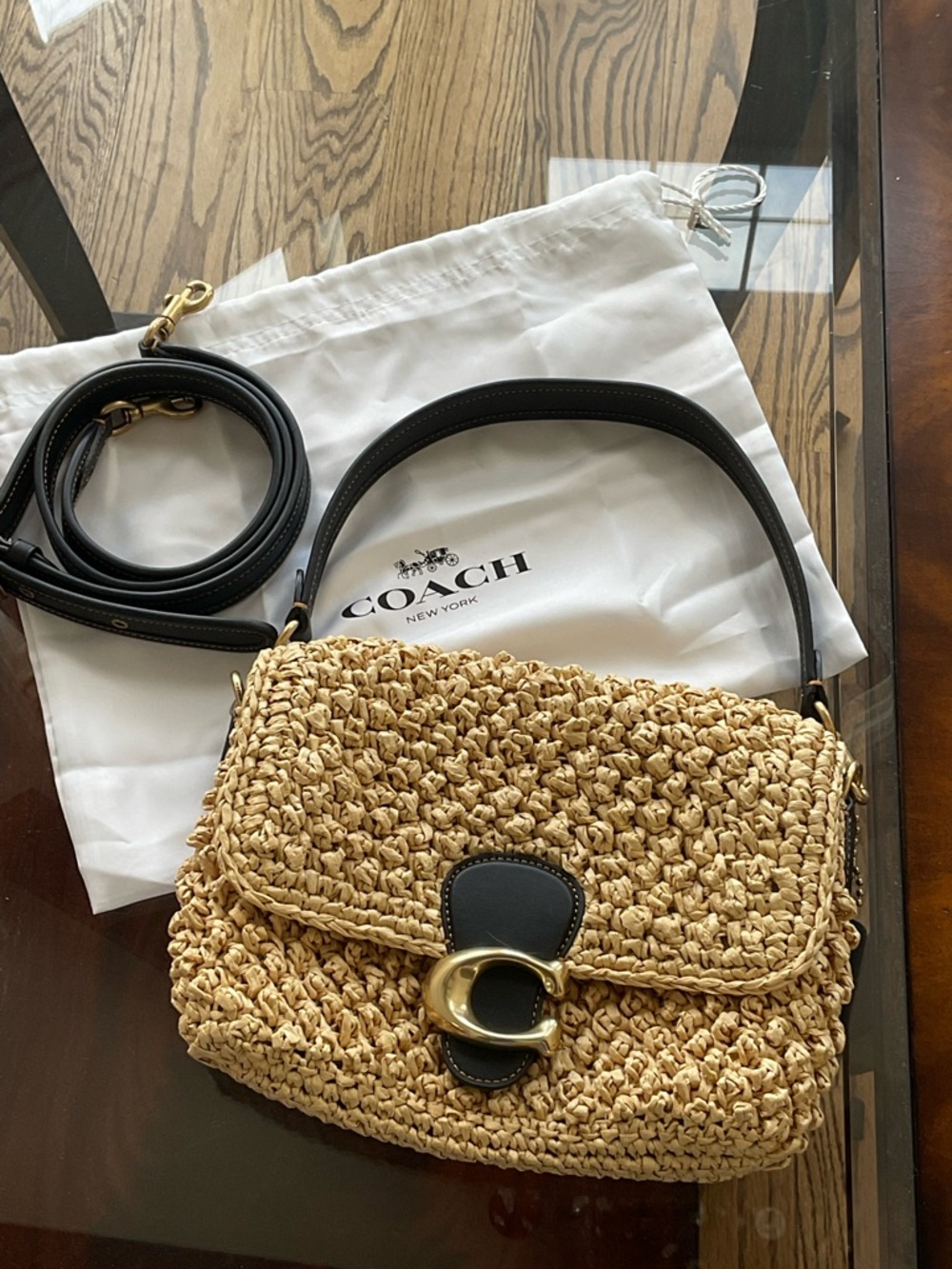Coach soft Tabby 2022 summer straw raffia crochet purse leather straps like new